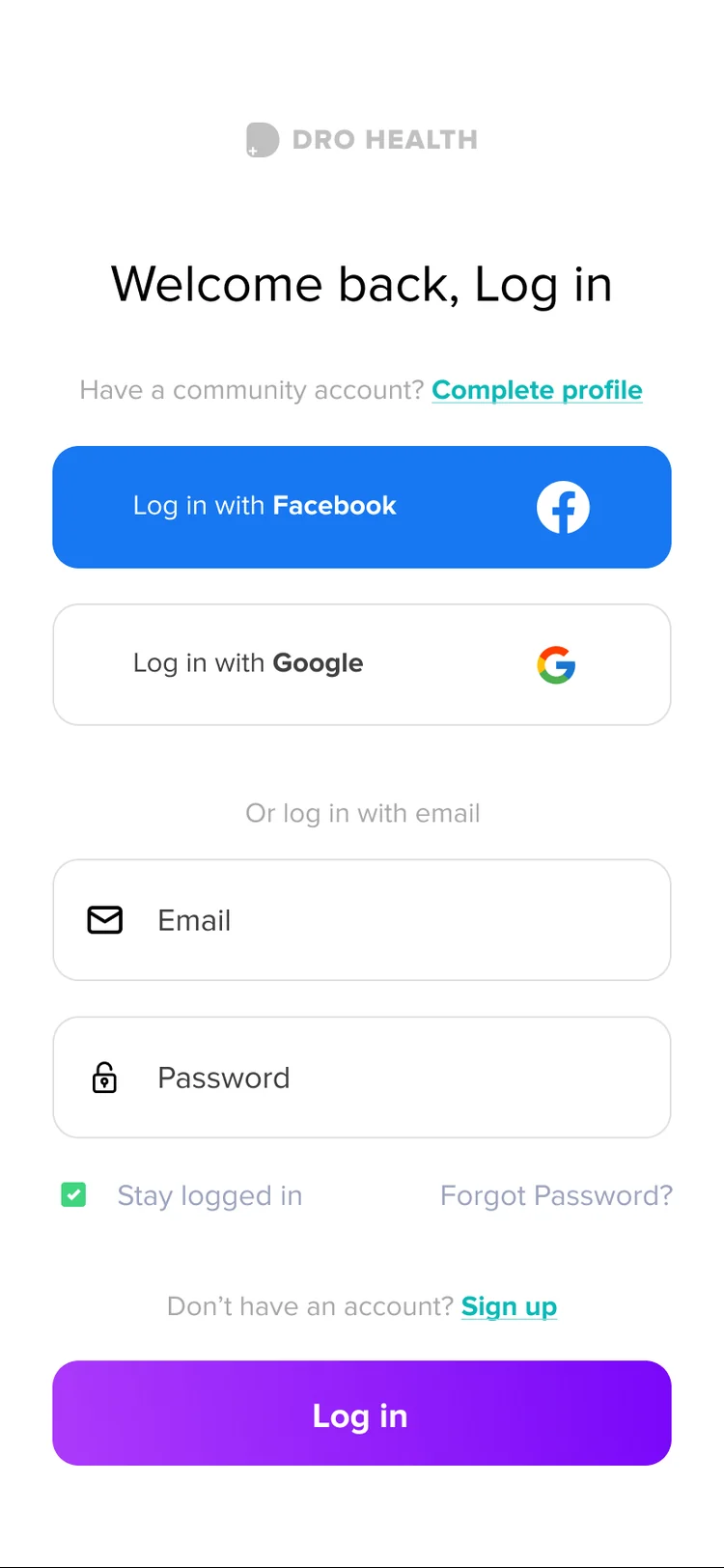 Log in screen