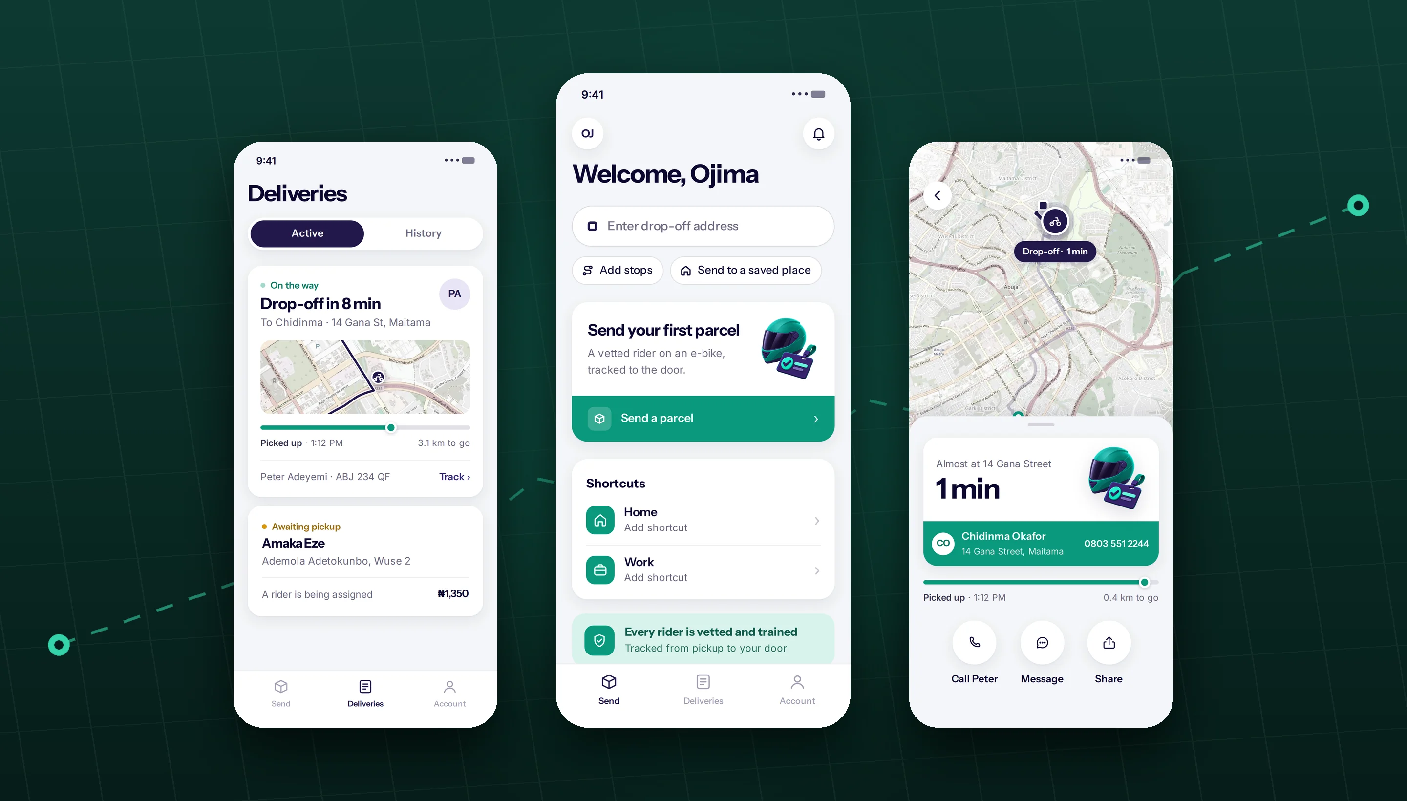 QuickFleet customer app: rider assigned, deliveries, home, live tracking and the delivered record