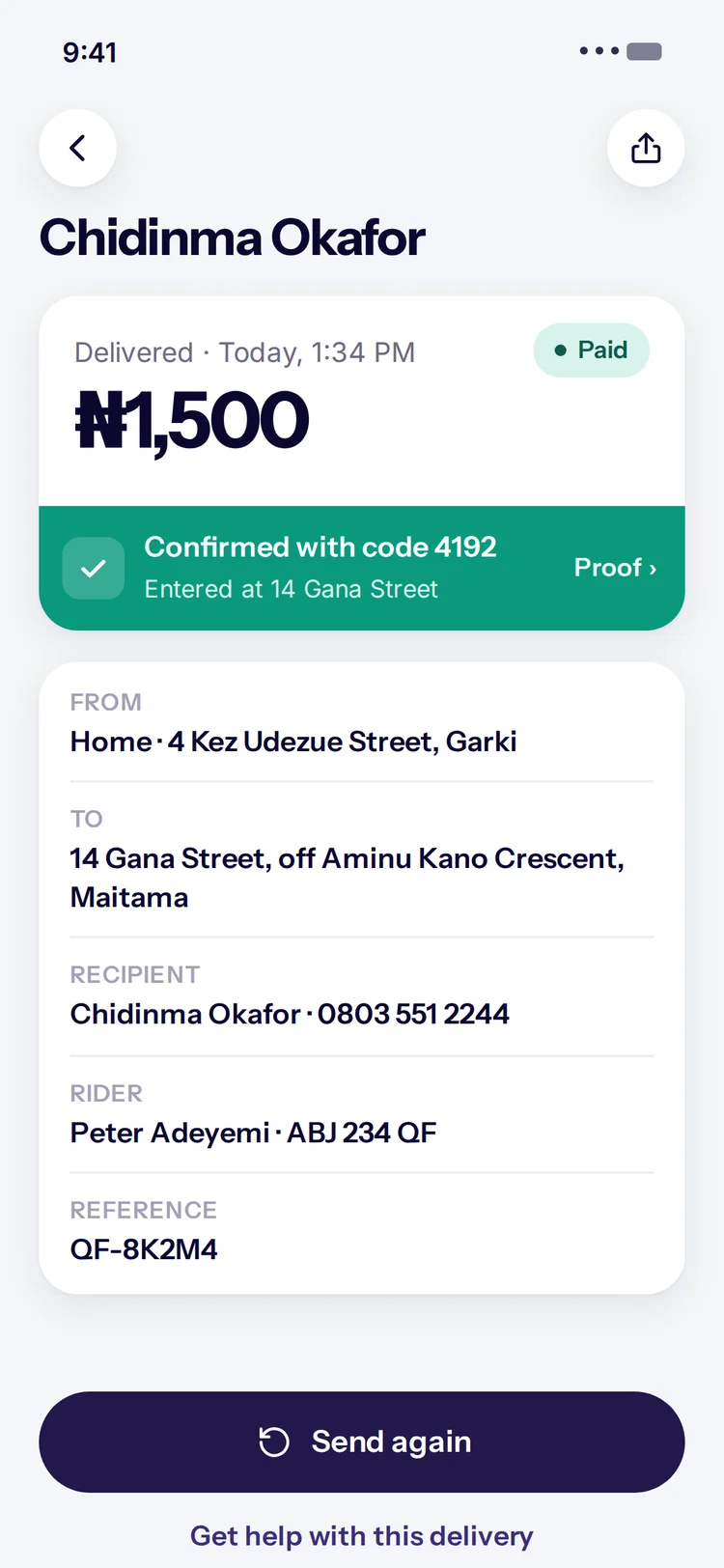 Delivery record screen