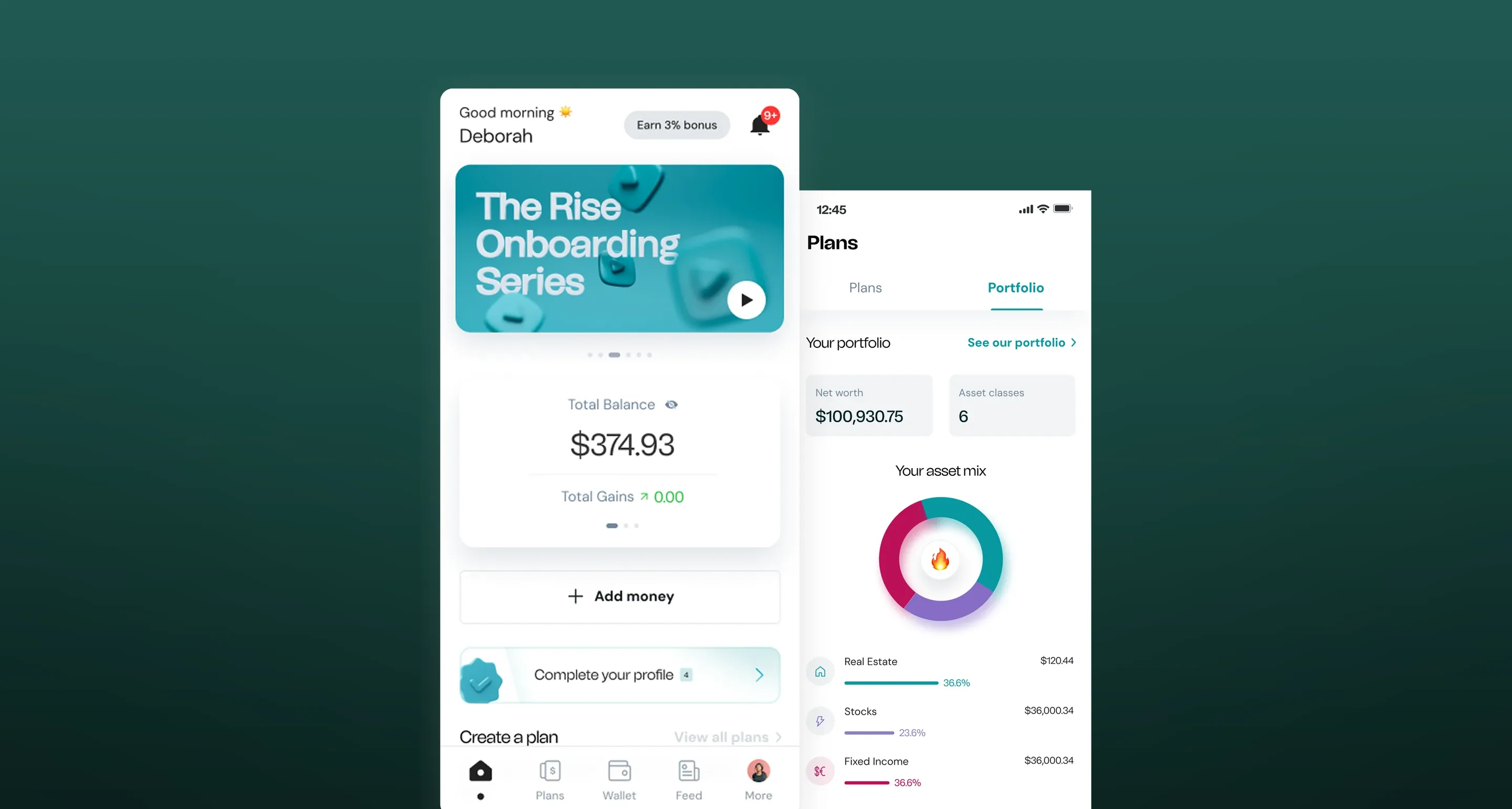 Risevest home screen with total balance, and the portfolio view