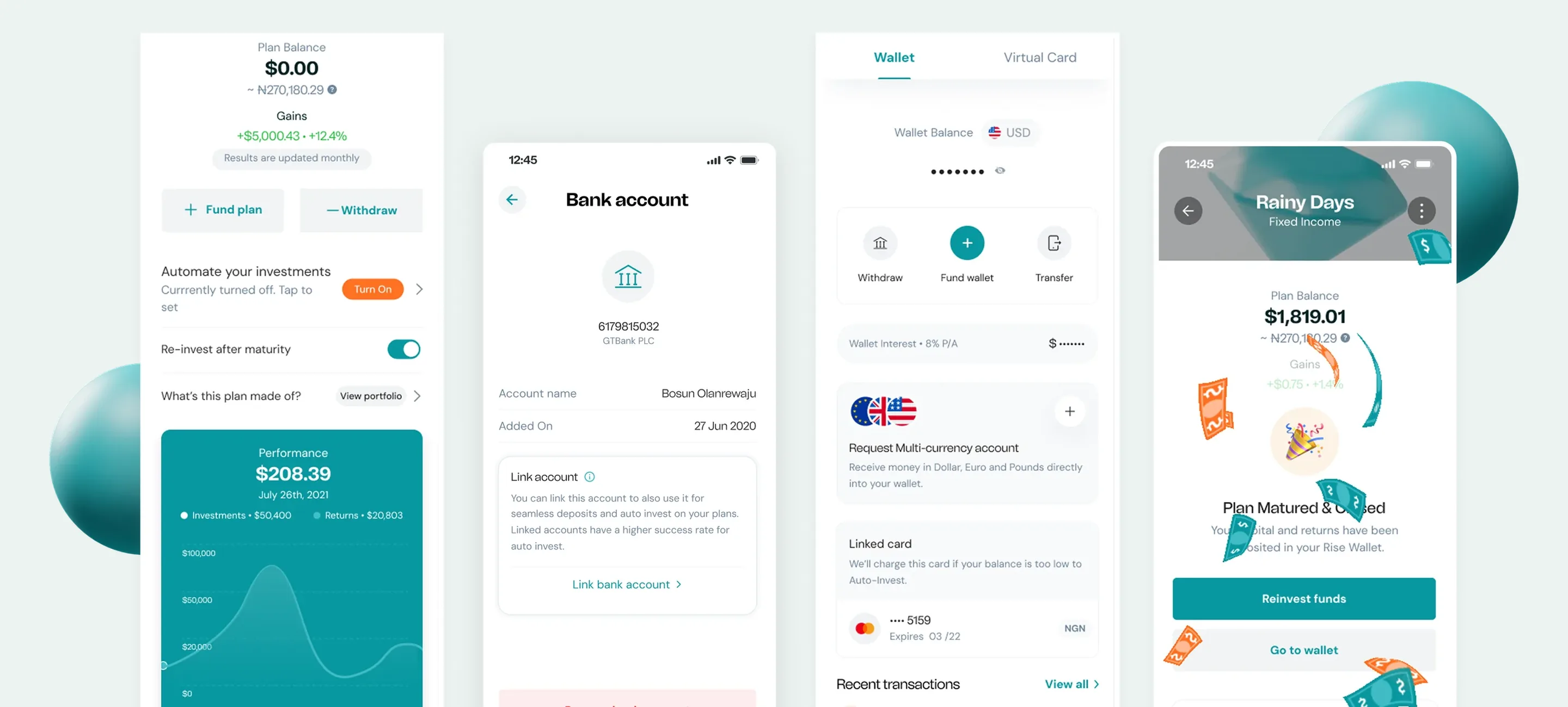 Redesigned Risevest wallet, bank account and plan screens