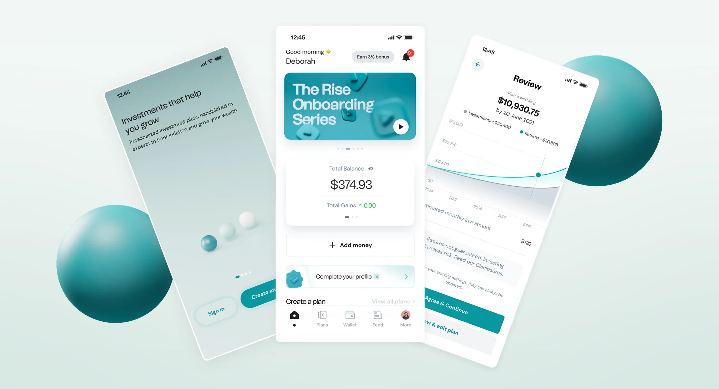 Risevest app: onboarding, home and review screens