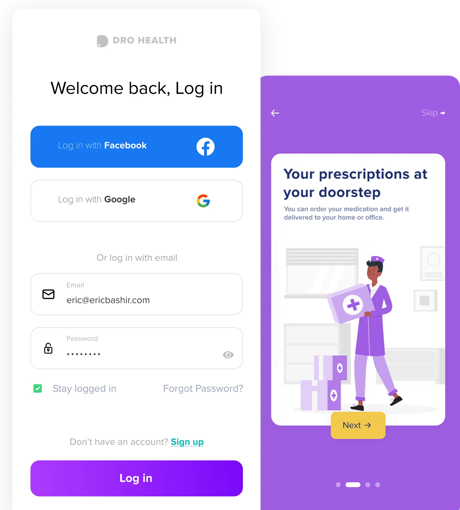 DRO Health login screen with social sign-in and prescription-delivery onboarding