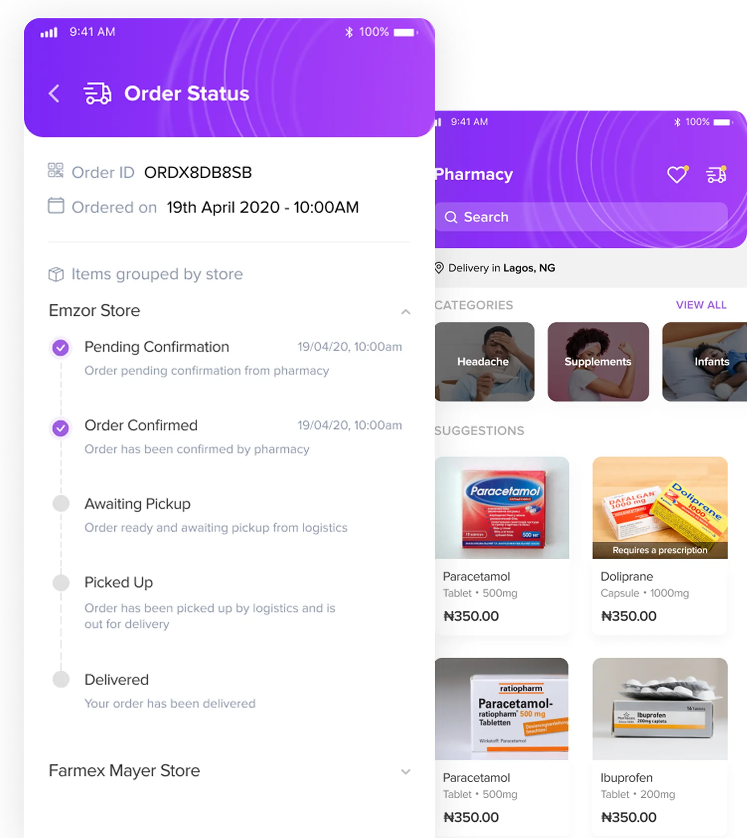 DRO Health order-status tracking timeline and pharmacy catalogue