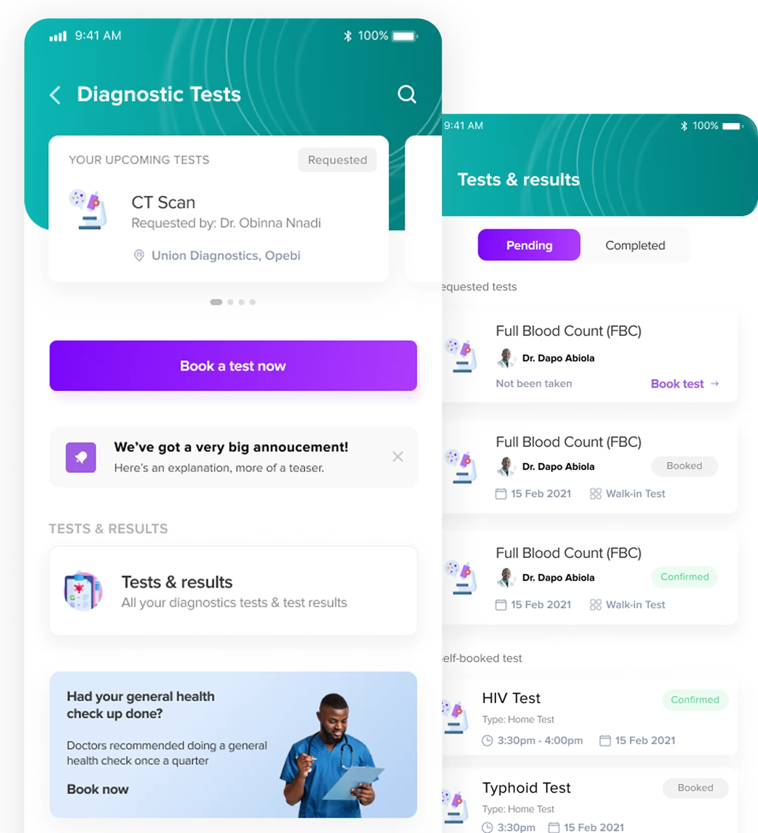 DRO Health diagnostic-test booking and tests-and-results list