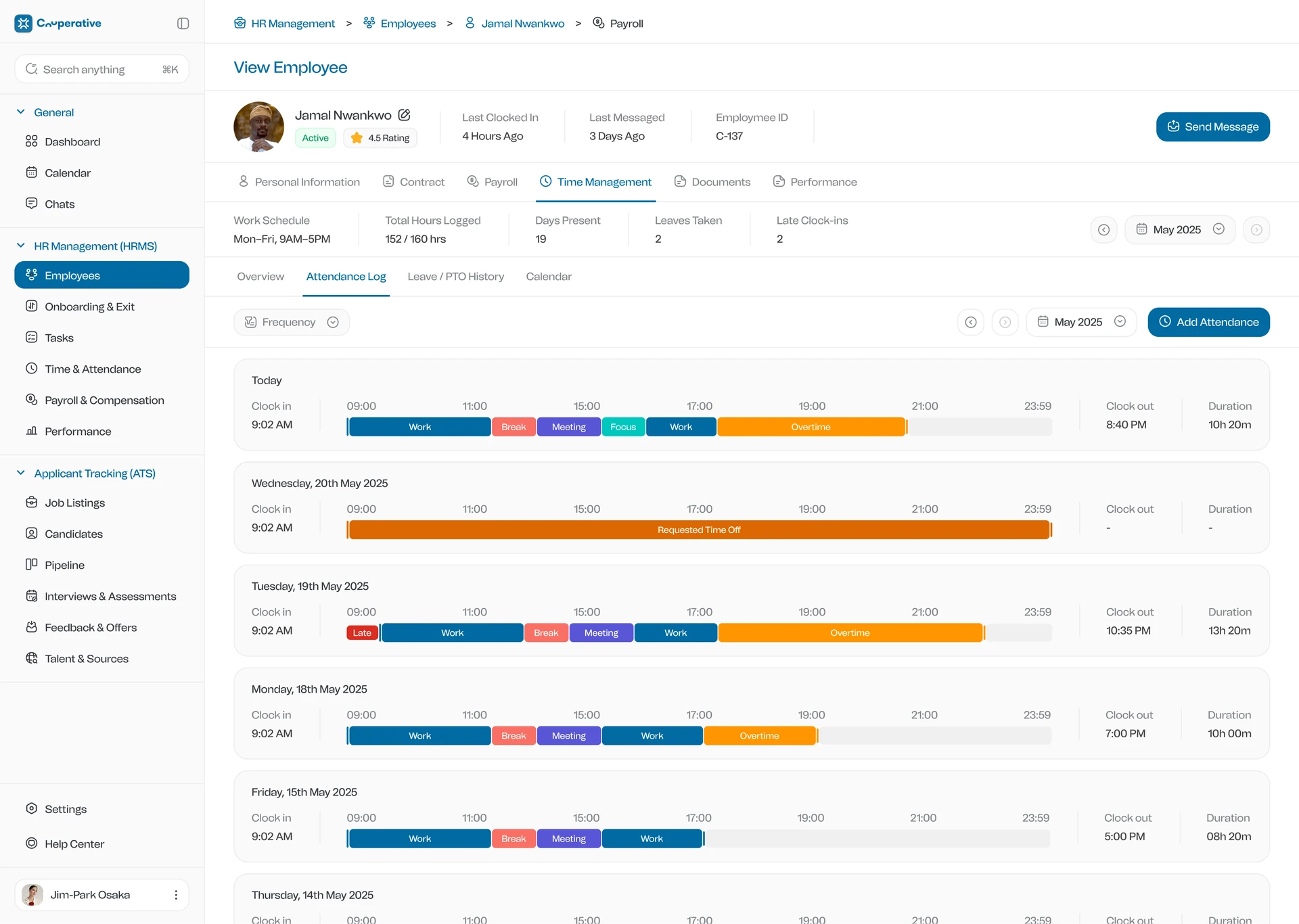 Cooperative enterprise HR platform: employee time and attendance