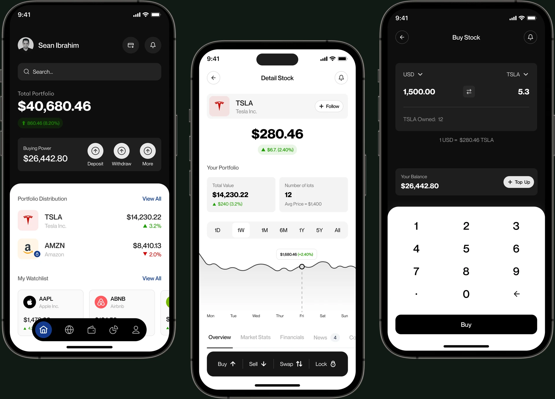 Investment app: portfolio, stock detail and trade flows