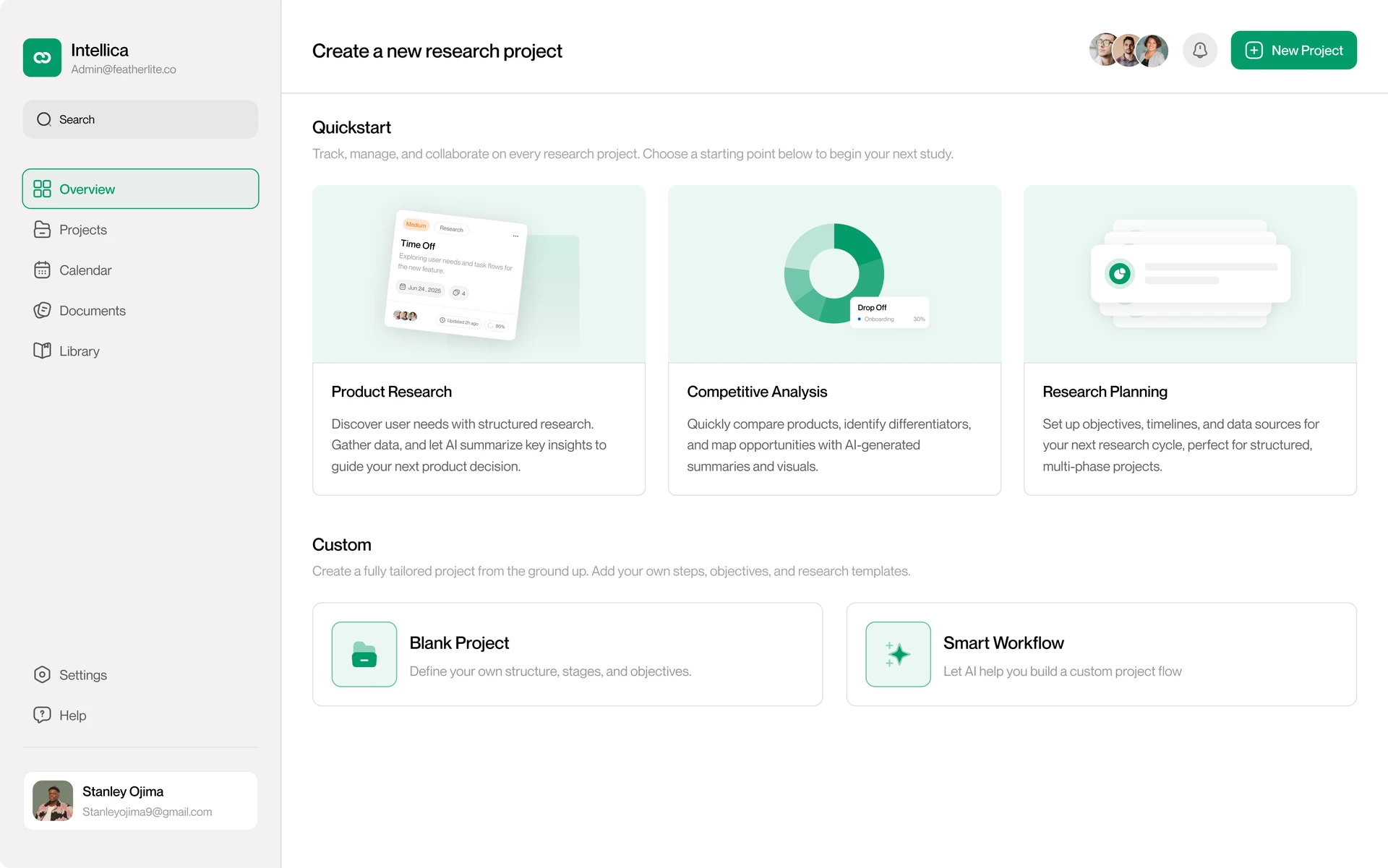 Intellica AI research workspace: new project setup