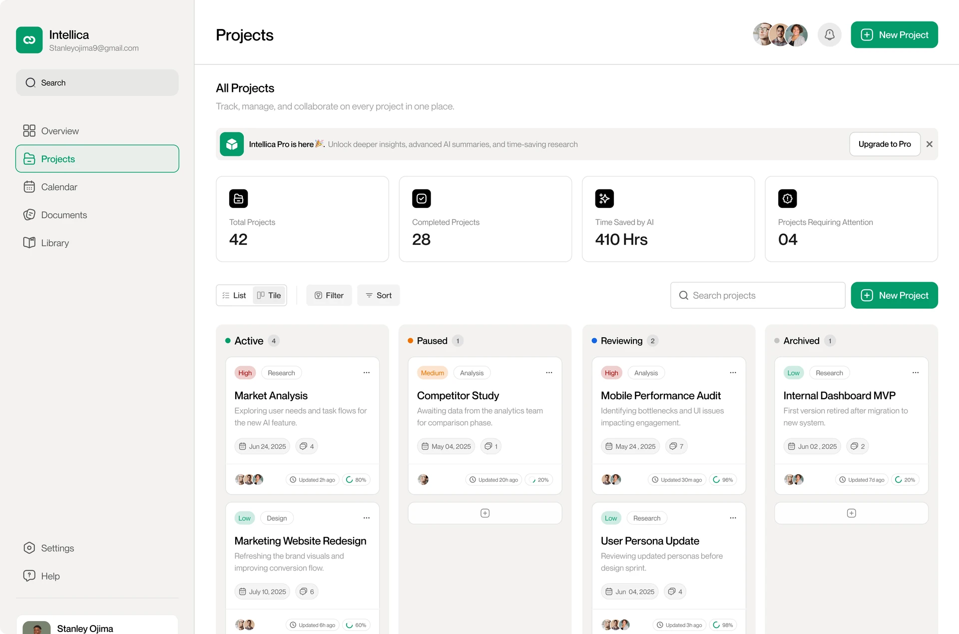 Intellica projects board with status and priority