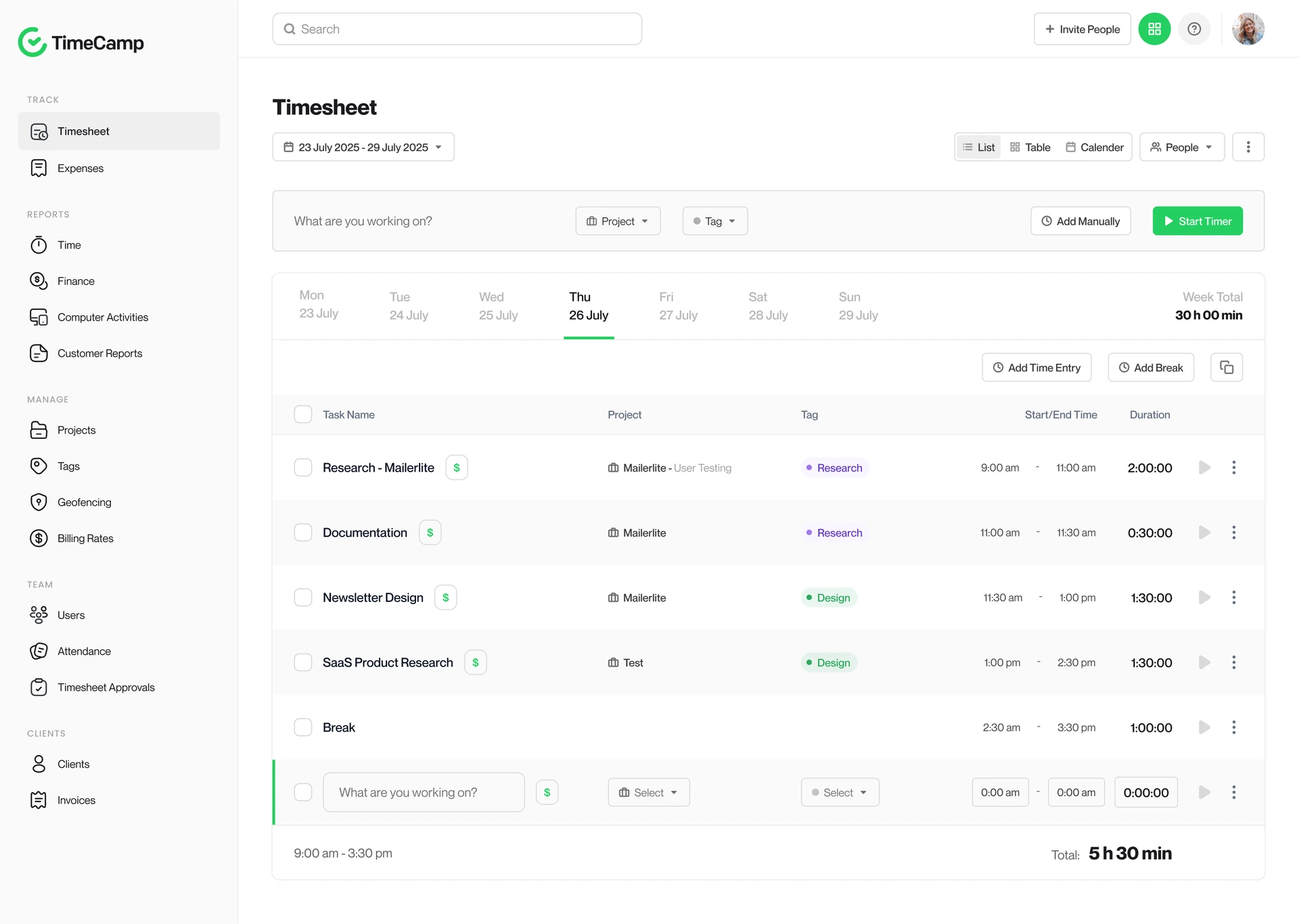 Timesheet: daily time tracking and entries