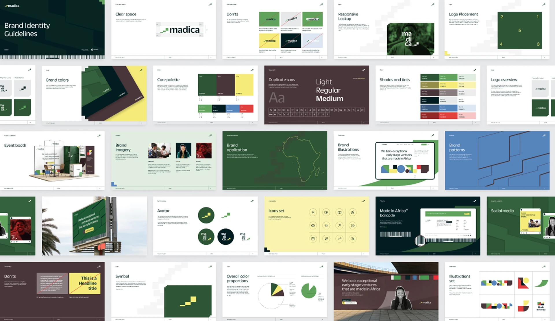 Madica brand identity system: logo, color, type, and applications