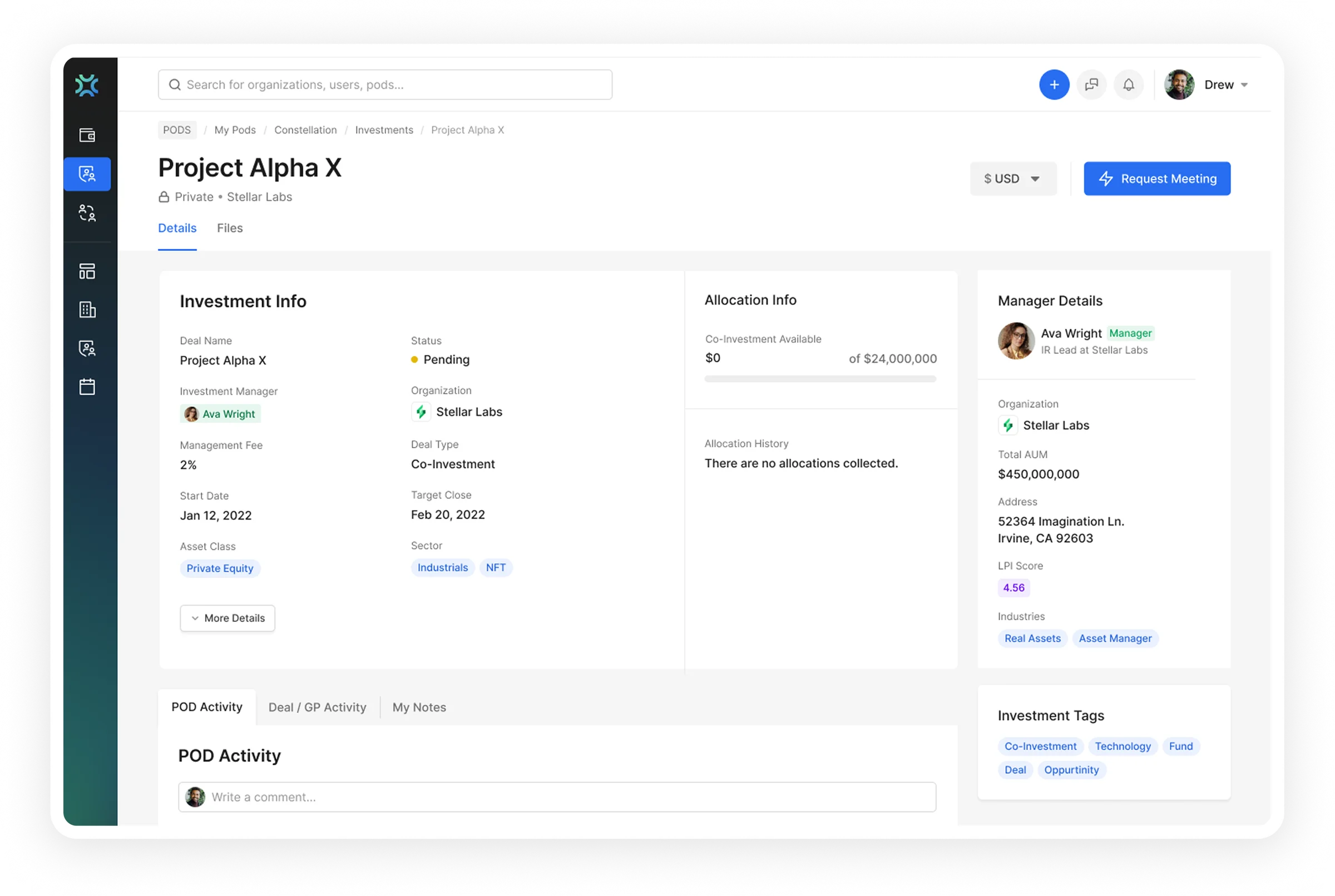 RoundTables single deal detail view with allocation, manager and activity panels