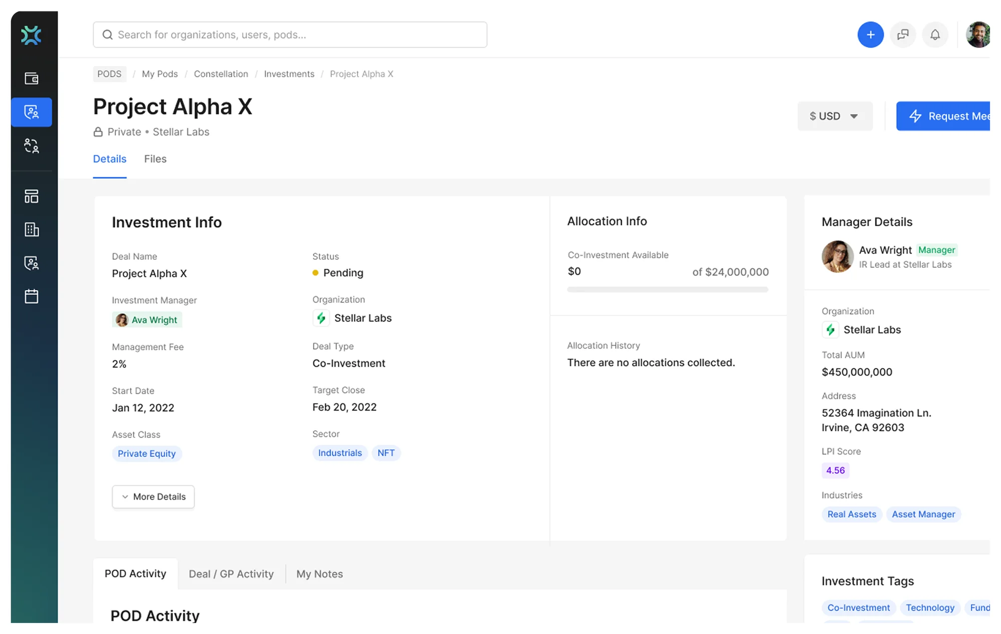 RoundTables investment detail with allocation data, manager details and POD activity feed