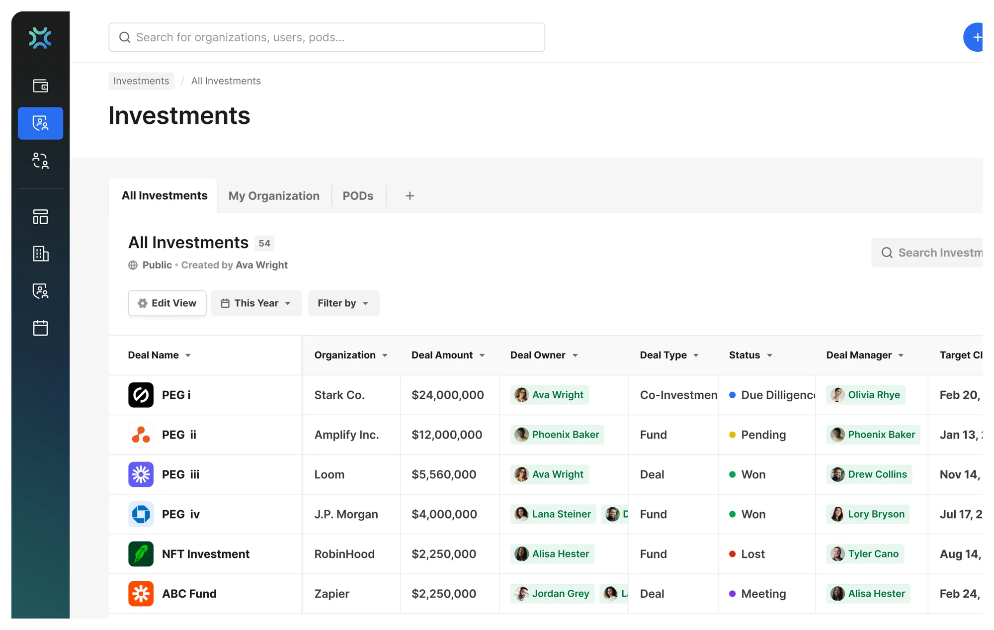 RoundTables investments table with status dots, LPI score chips and deal-owner badges