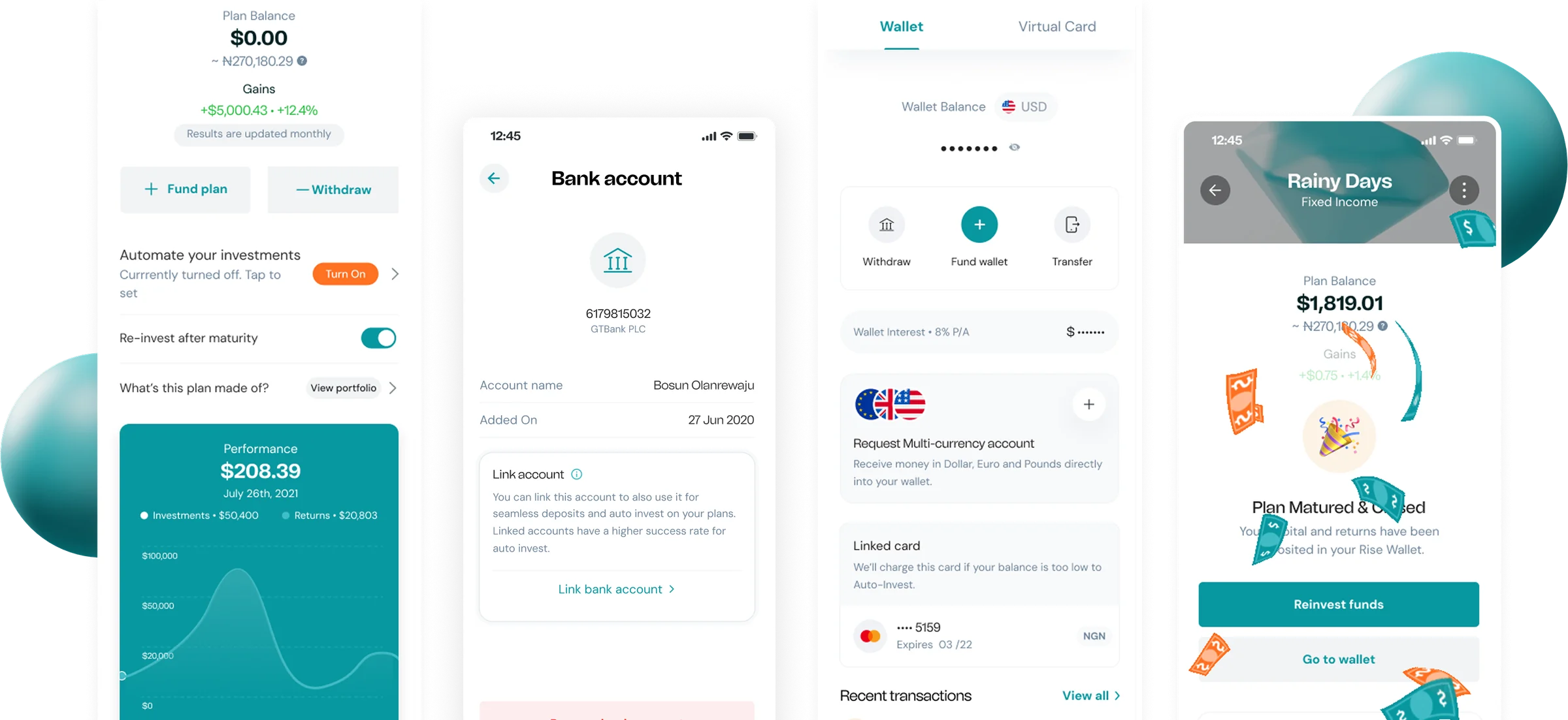 Rise redesigned plan, bank, wallet and matured-plan screens