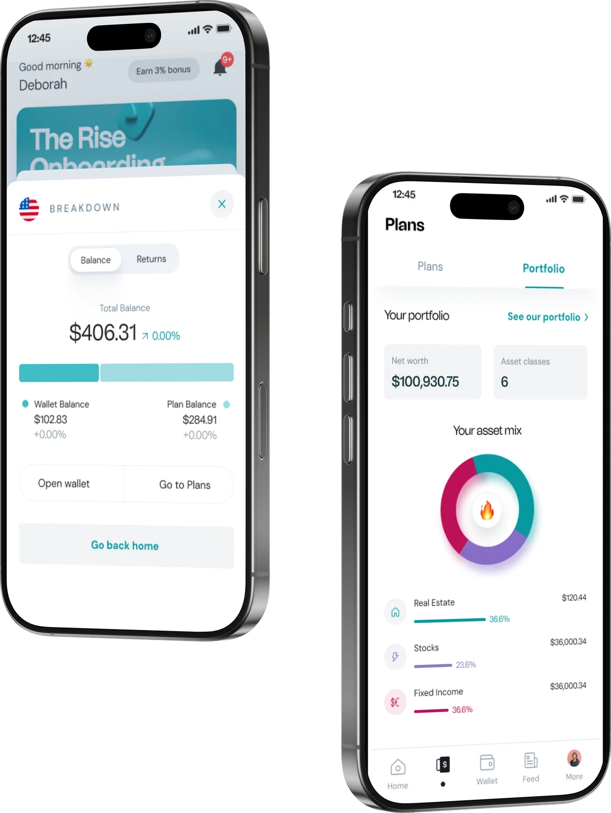 Rise redesigned balance breakdown and portfolio asset-mix screens
