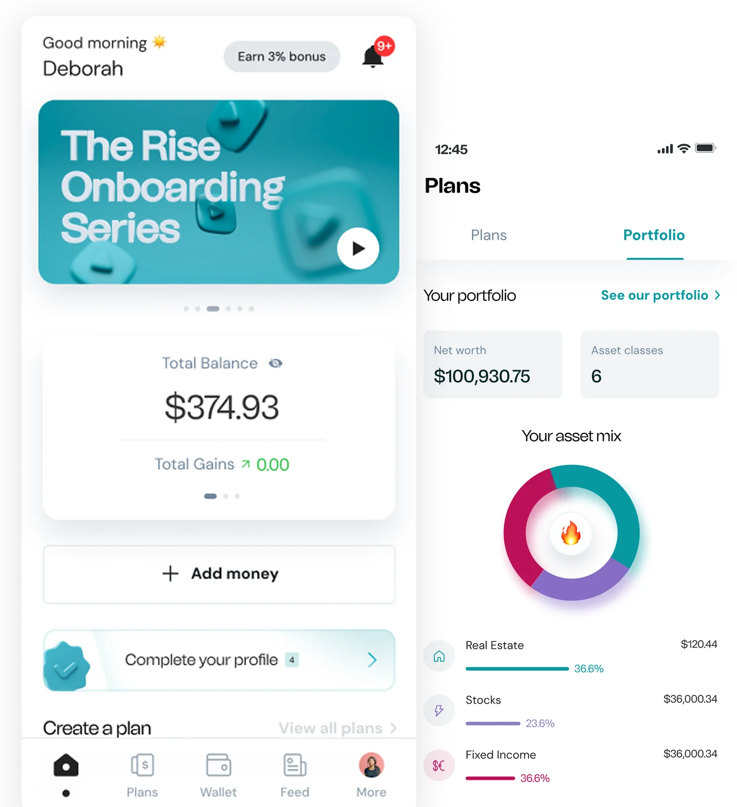 Rise home dashboard with total balance and portfolio asset-mix breakdown