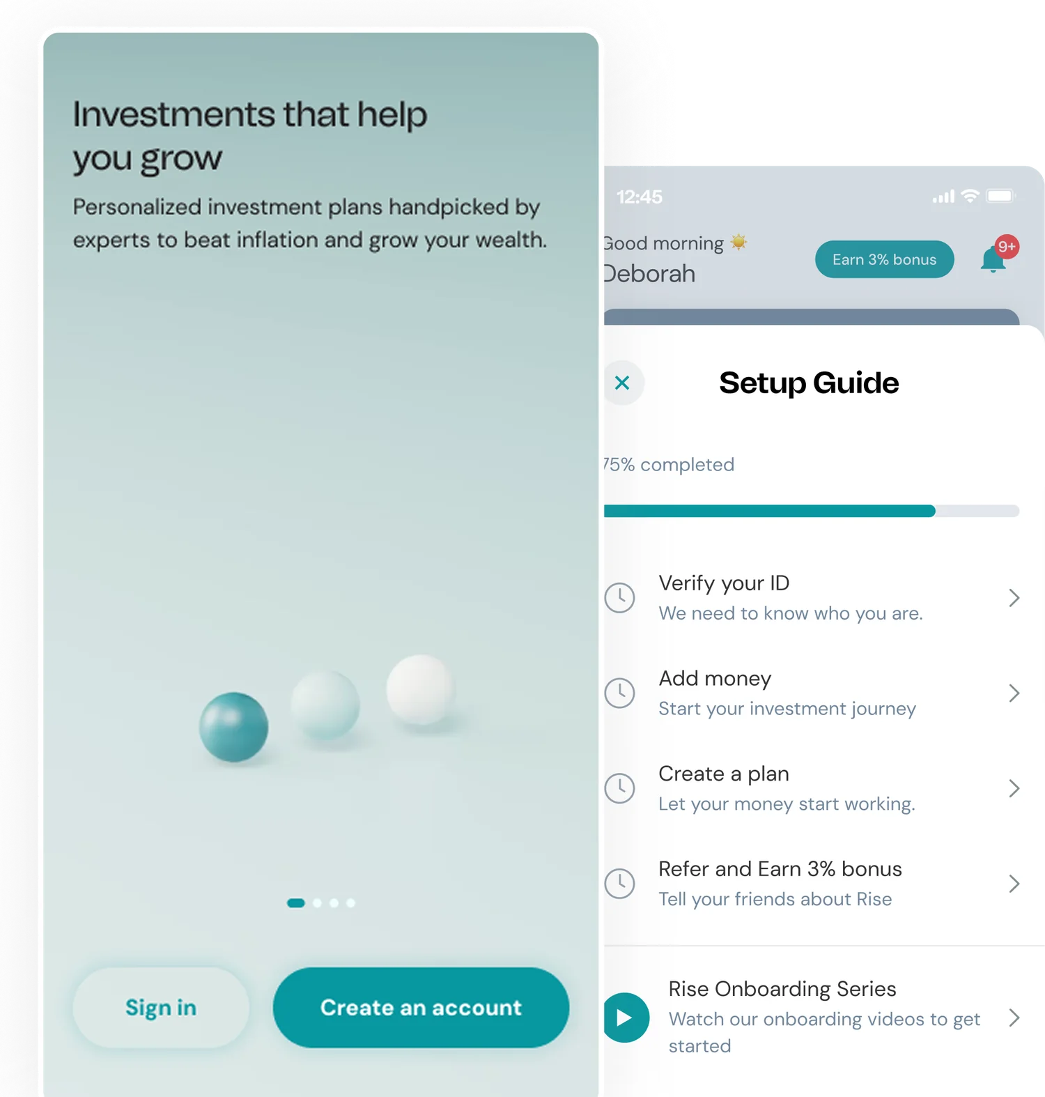 Rise onboarding intro screen and setup-guide checklist with progress