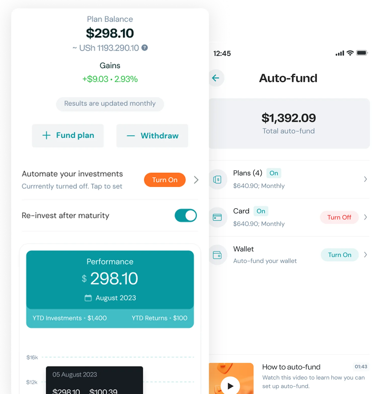 Rise plan detail with performance chart and auto-fund automation settings