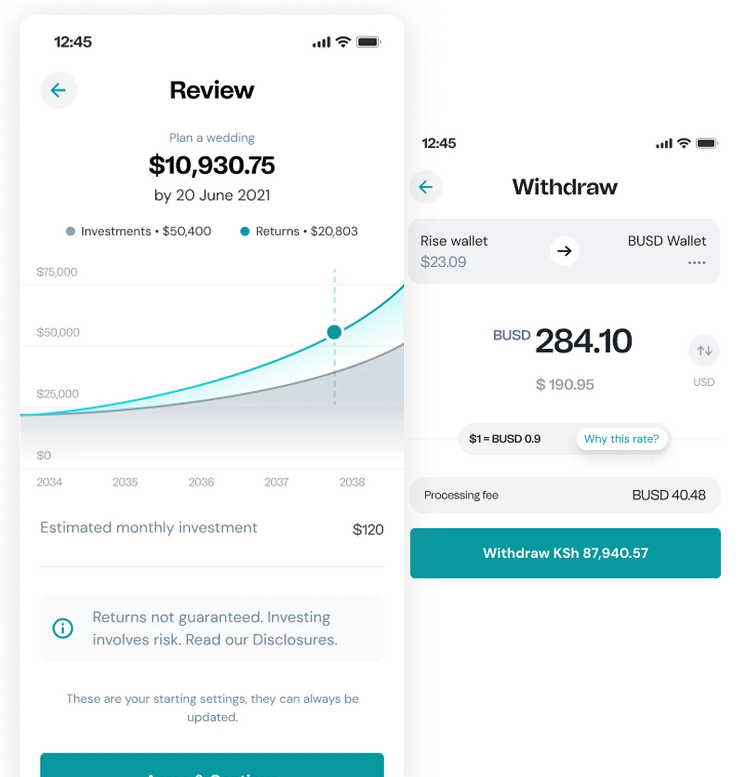 Rise plan review projection chart and currency withdrawal screen