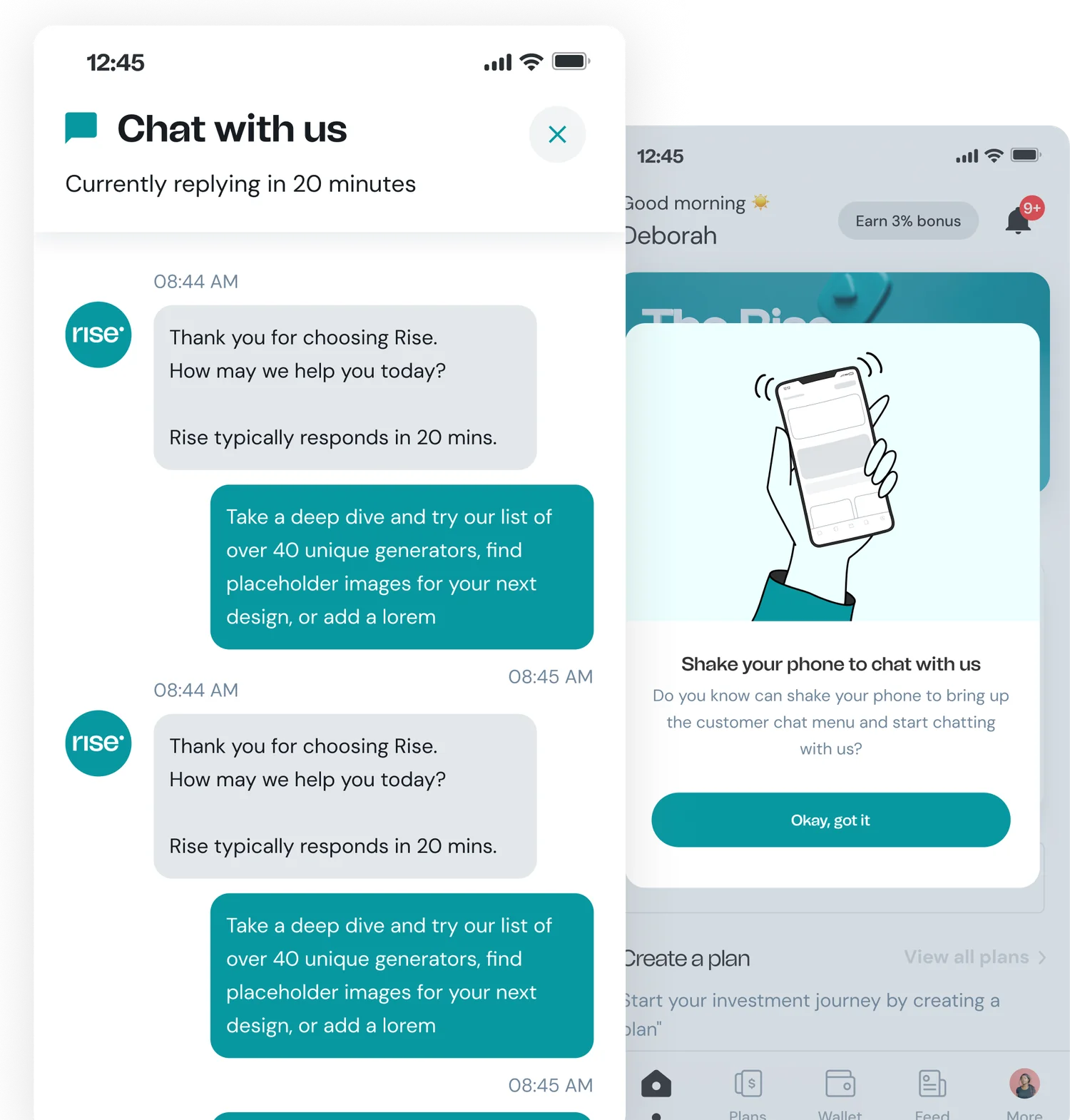 Rise in-app chat and shake-to-chat support screens