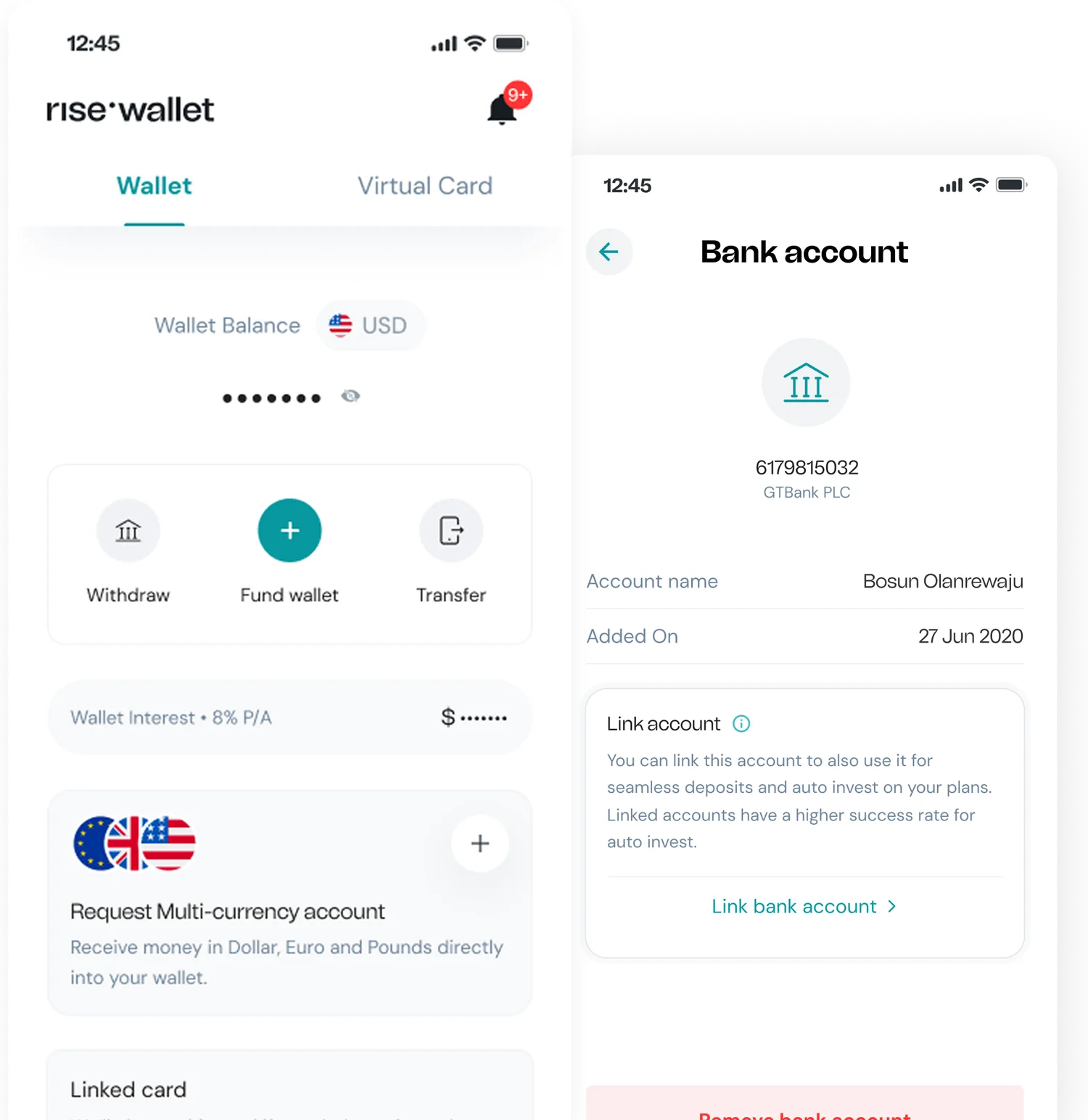 Rise multi-currency wallet and linked bank-account screens